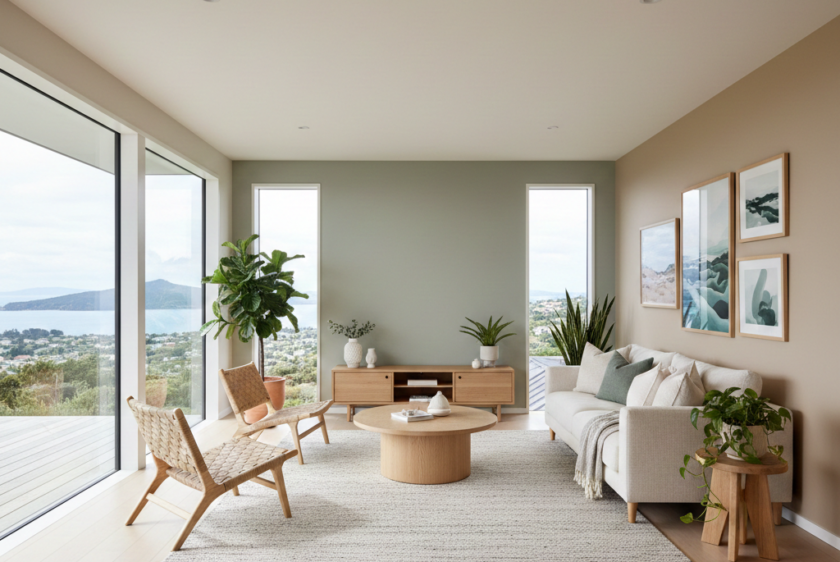 Interior painting trends in New Zealand home 2026 with modern neutral wall colours and feature wall design