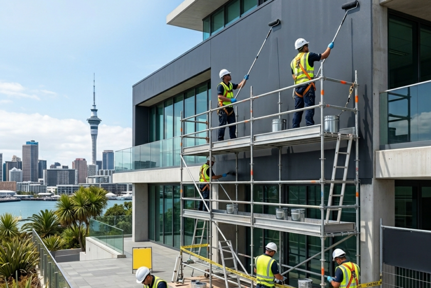 Commercial building repainting NZ exterior painting project in Auckland