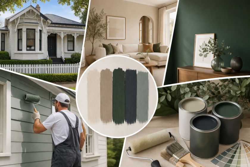 House painting trends in Ponsonby showing villa exterior, modern interior, and professional painters in Auckland at work