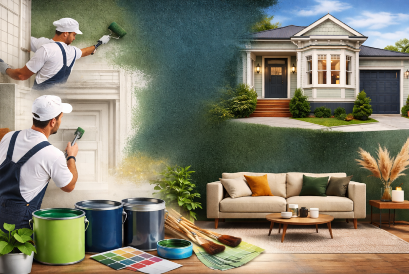 Best painters in Auckland painting home exterior with stylish interior setup and paint tools
