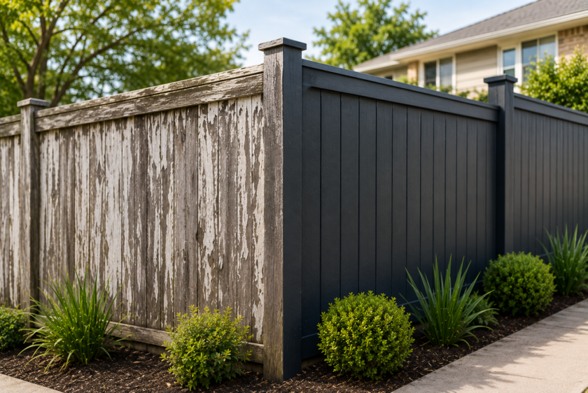 Professional fence repainting comparison showing old weathered wooden fence beside freshly painted modern fence in Auckland residential property