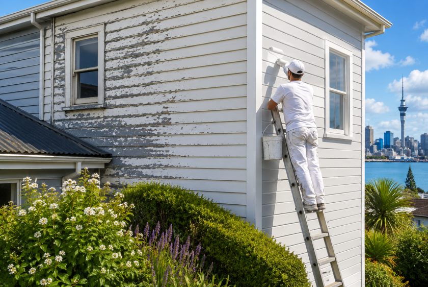 Professional painters in Auckland repainting an exterior home damaged by weather conditions