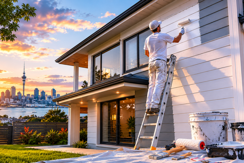 Exterior painters in Auckland painting a house exterior under changing weather conditions