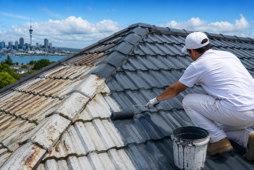 Professional roof painters from PremierPaintWorks repainting a residential roof in Auckland
