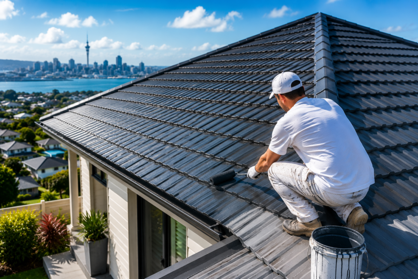 Professional roof painting for Auckland homes with freshly painted modern roof exterior