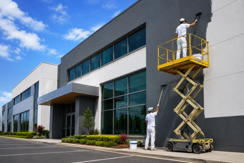 Professional commercial painters repainting the exterior of a commercial building in Auckland
