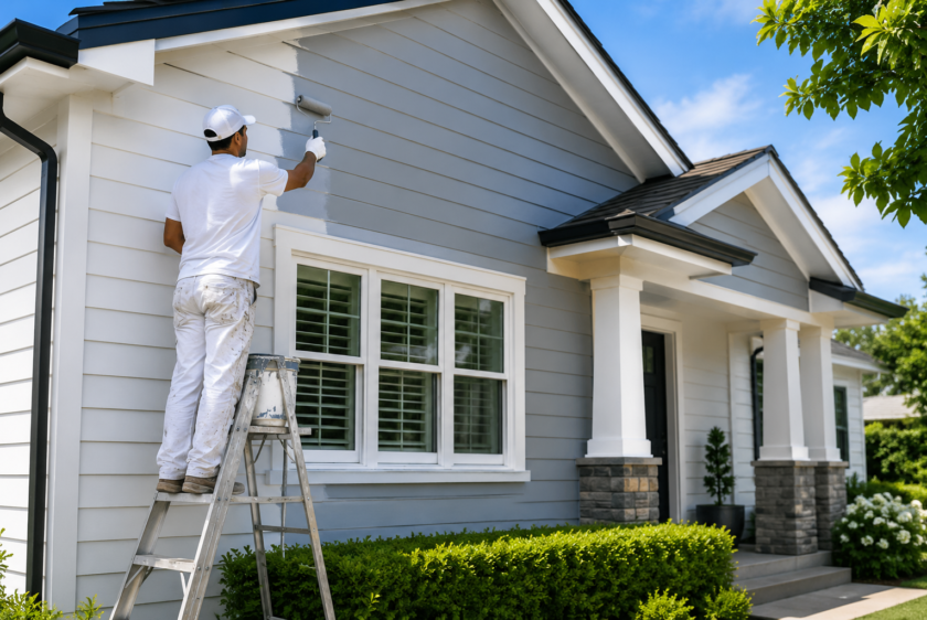 Professional house painters working on a modern home in Hauraki, Auckland