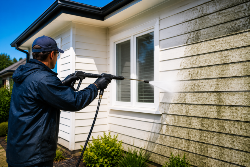 Professional Water Blasting Auckland service cleaning a home's exterior before painting