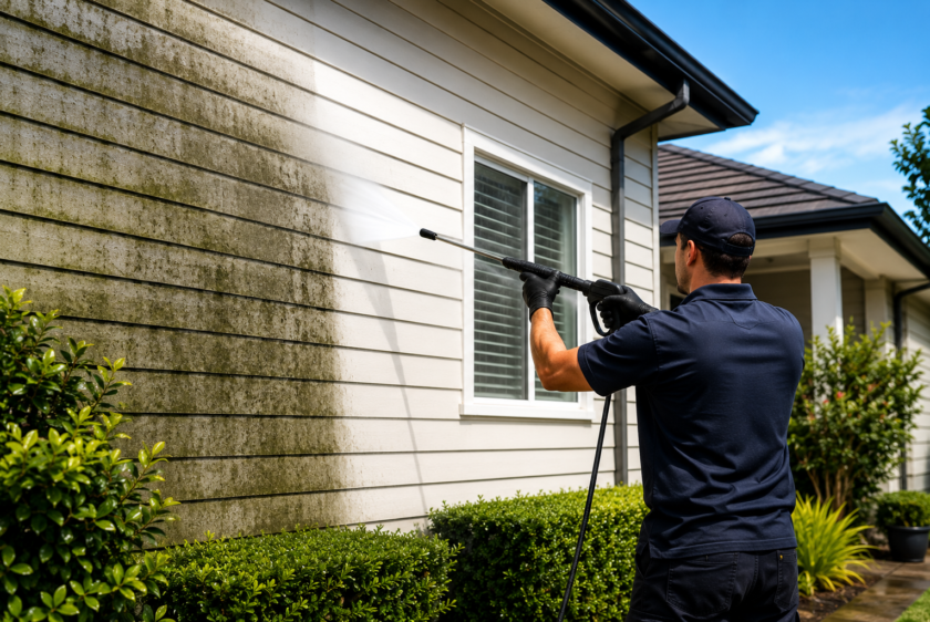 Professional Water Blasting service cleaning mould and dirt from a home's exterior in Auckland