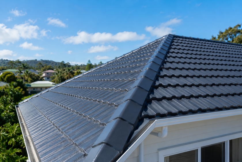Freshly painted residential roof in Auckland with durable protective coating under clear blue skies