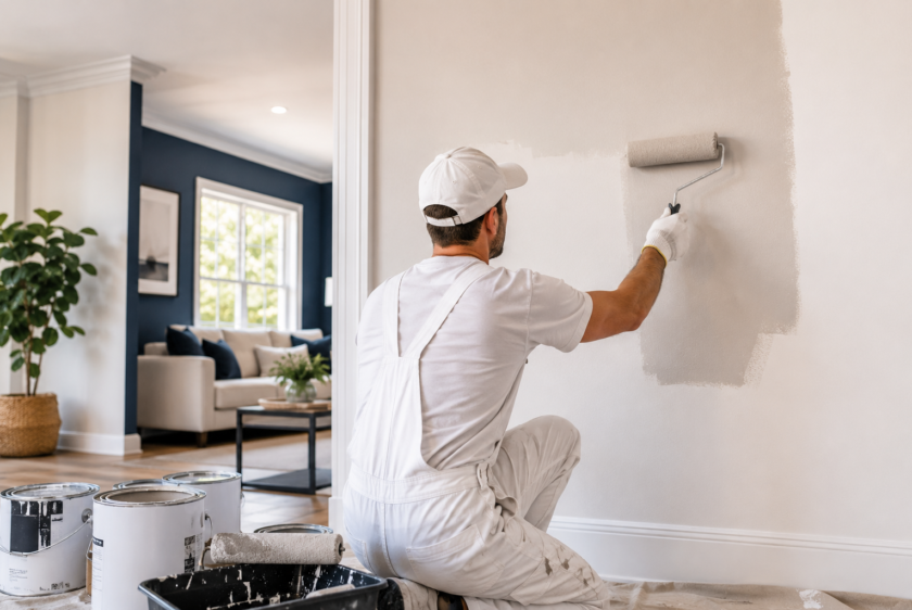 Professional painter from Premier Paint Works applying premium paint for a high-quality interior finish in an Auckland home.