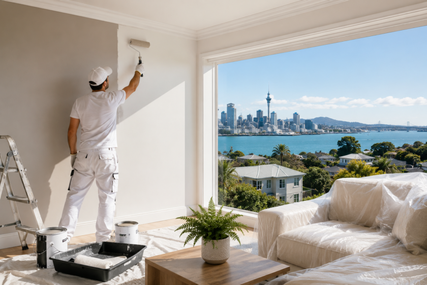 Professional interior painting project in an Auckland home using moisture-resistant paint for humid climate conditions