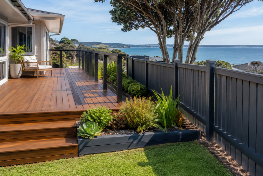 Professional deck and fence painting services for a coastal home in Castor Bay