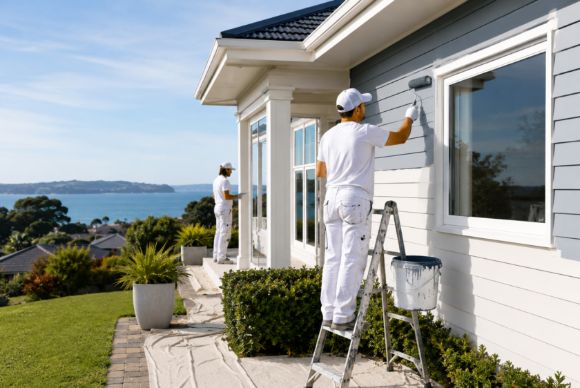 Professional painters in Castor Bay working on a coastal Auckland home