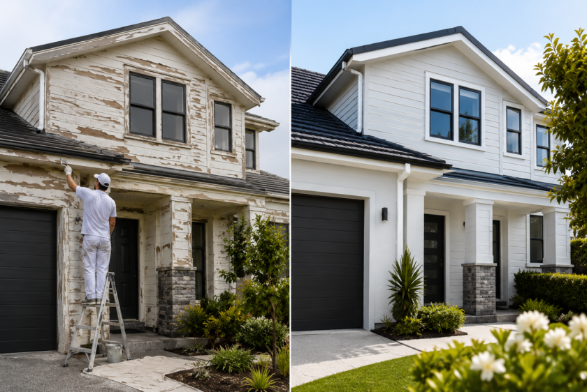 Professional painters in Hauraki painting a modern Auckland home exterior
