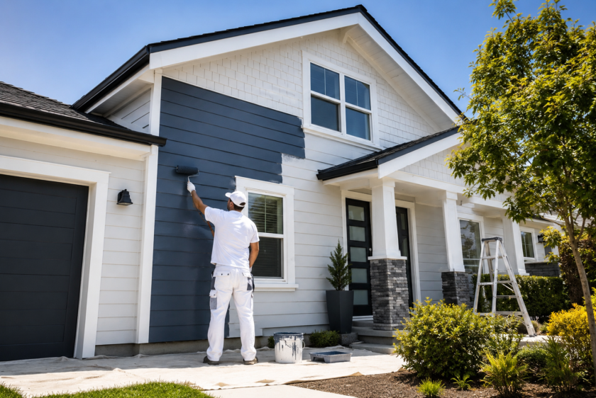 Professional house painters in Hauraki Auckland painting a modern residential home by Premier Paint Works.