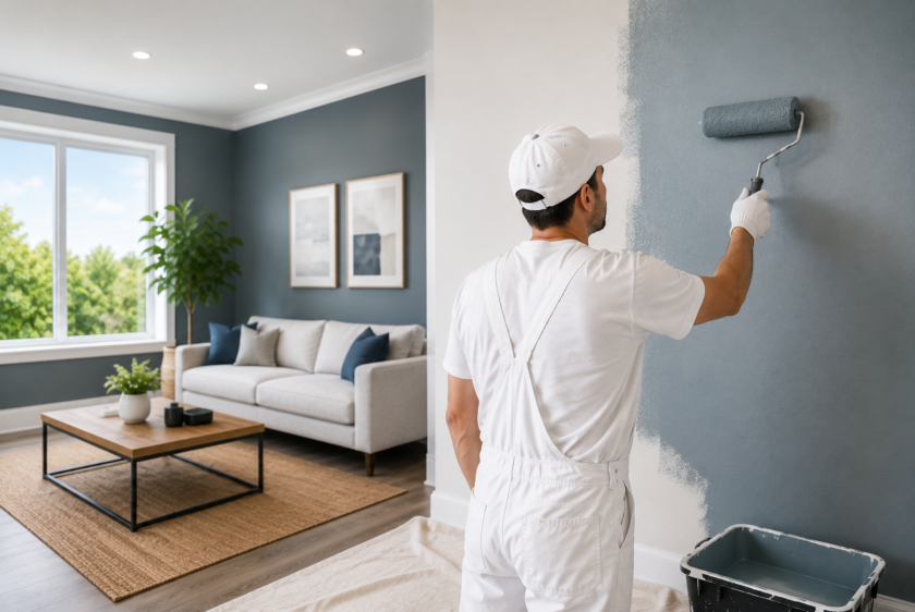 Professional painter applying premium interior paint in a modern Auckland home by Premier Paint Works.