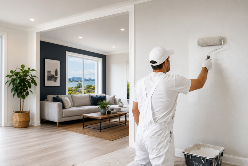 Professional interior painter applying fresh paint inside a modern Auckland home using premium interior painting techniques.