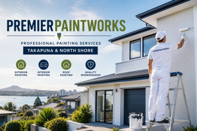 Professional painters from Premier Paint Works completing a residential painting project on a modern home in Takapuna.