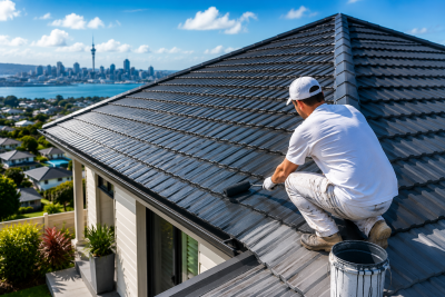 Professional roof painting for Auckland homes with freshly painted modern roof exterior