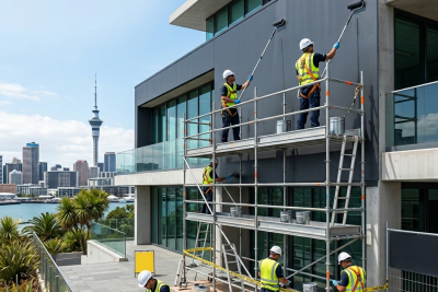 Commercial building repainting NZ exterior painting project in Auckland